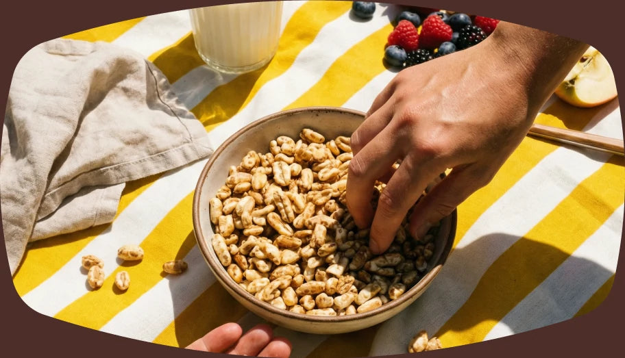 A bowl of Good Grains cereal shared at a sunny breakfast table